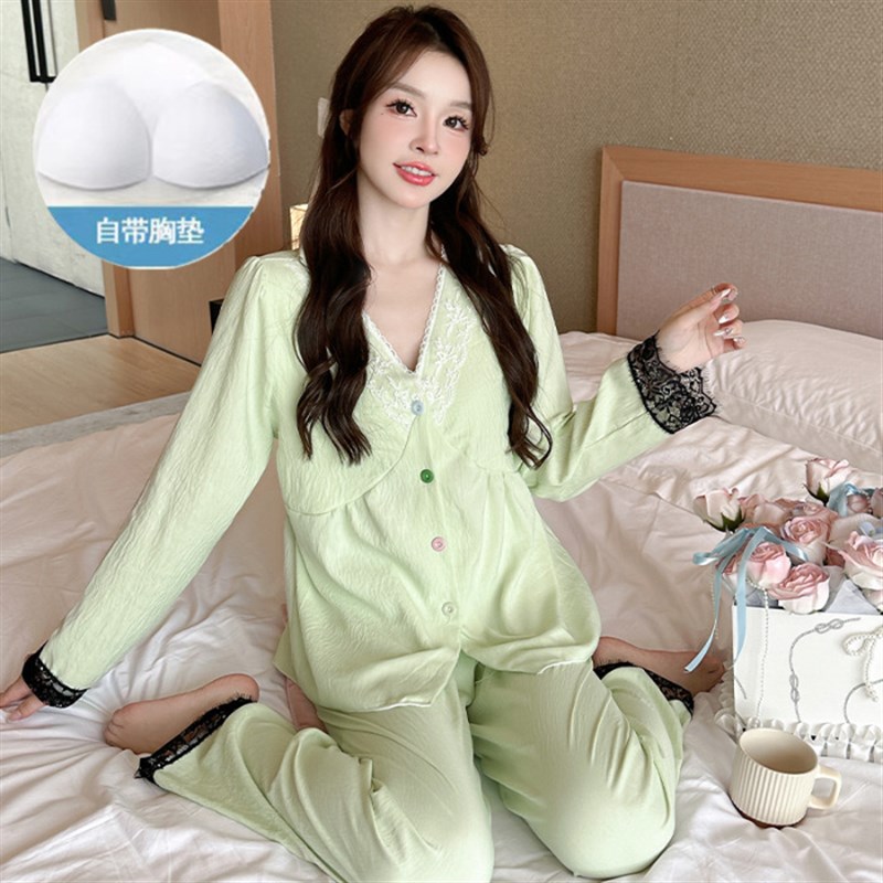 速发新款仙女风睡衣女士薄款蕾丝花边V领长袖套装韩版休闲性感家