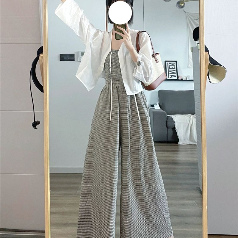 速发时尚套装夏件韩系气质小个子系体防晒罩衫上衣吊带连带裤两季