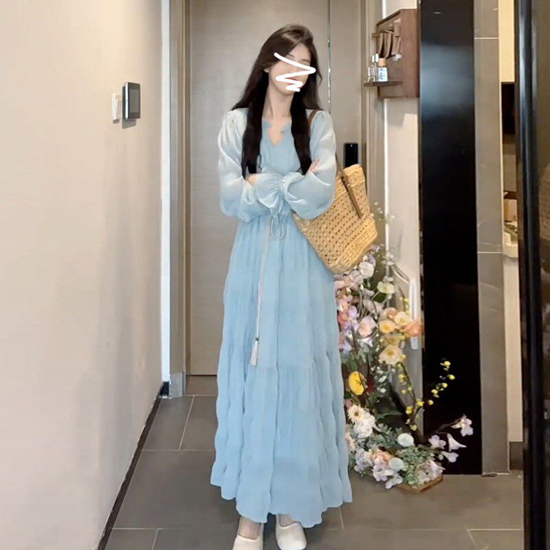 速发202长色春新款法式气质温柔风蓝开连衣裙子春季度假仙5裙