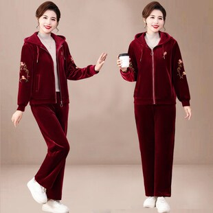 速发2025新款妈妈春秋冬装运丝绒金动套装50多老中岁年士卫衣外套