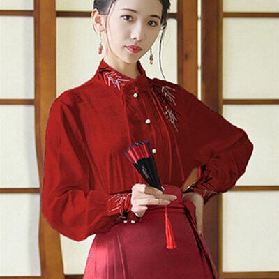 速发配马面裙的衬衣长袖古风汉服红式上衣新中色襟风立领对国春