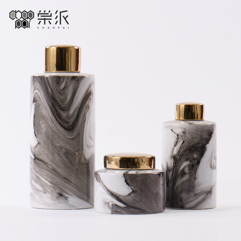 速发轻奢大纹石理玄瓷储物罐摆件客厅陶关电视酒柜样板间软装饰品