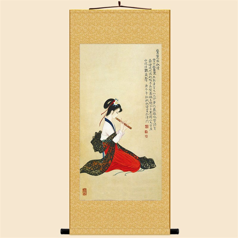 新款仕女弹琴古筝吹箫笛子 古代乐器教J室书房装饰画复古人物卷轴