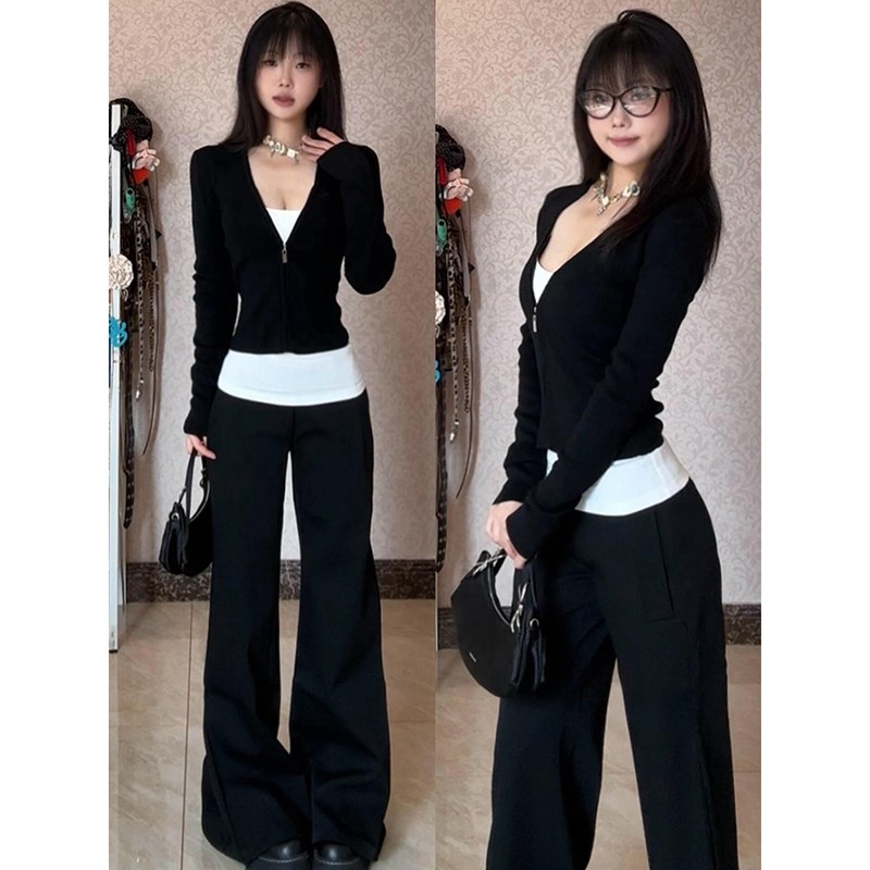 现货黑色性感v领长袖针织开衫女装秋季新款辣妹修身显瘦短款外搭