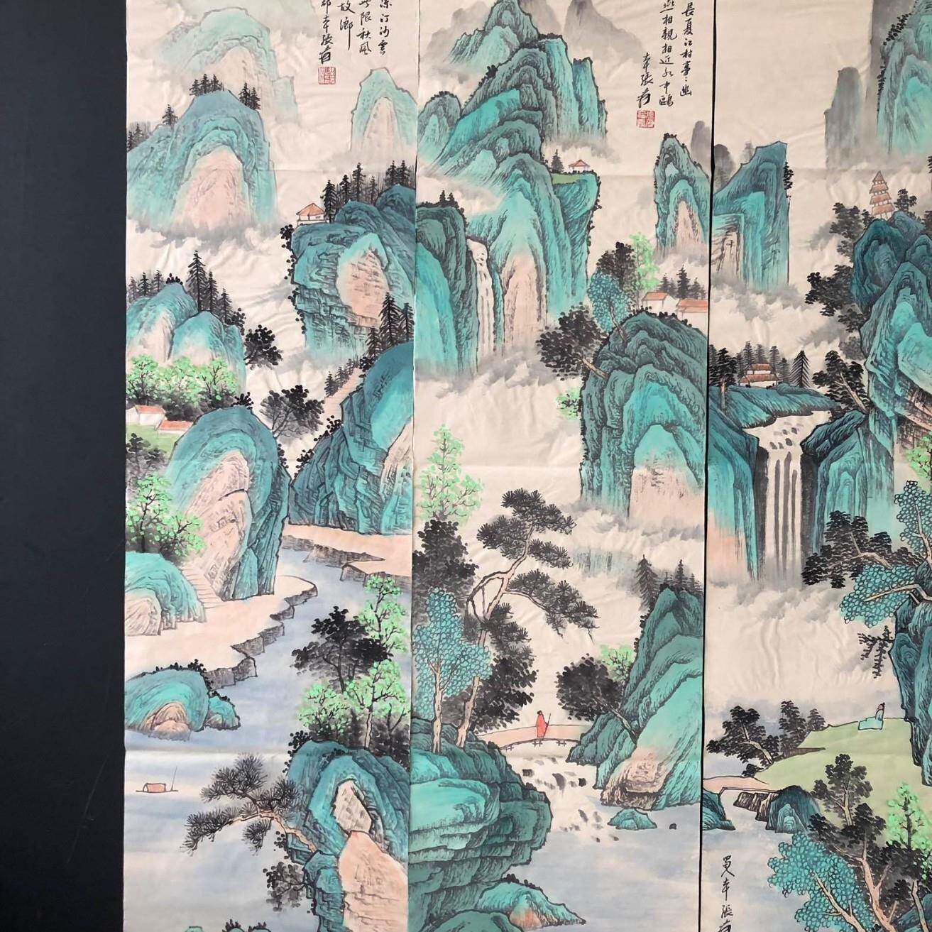 大千山水四条屏纯手绘作张未品装裱带水印字画国画山水FIQ装画饰