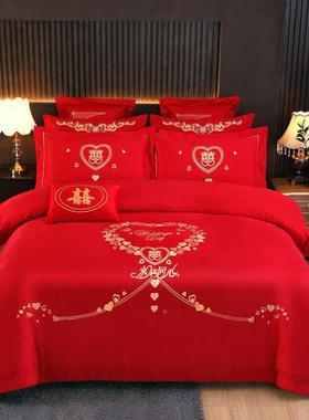 婚庆四件套大红色婚婚庆缎床新上缎用品绸刺绣婚床贡8SUR0支