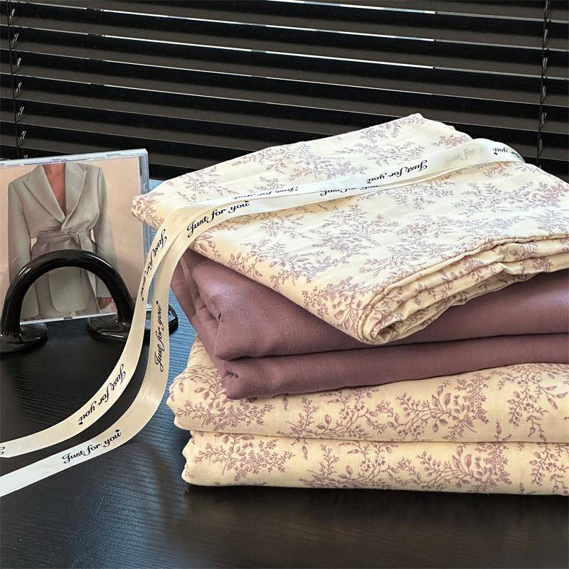 6B76A类母婴级法式田园碎花双层纱紫色纯套QCI.棉四件115m.8米少