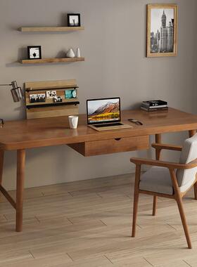 现代简约公木书房书桌电办脑桌靠墙长桌桌双实人原木长ETG条桌写