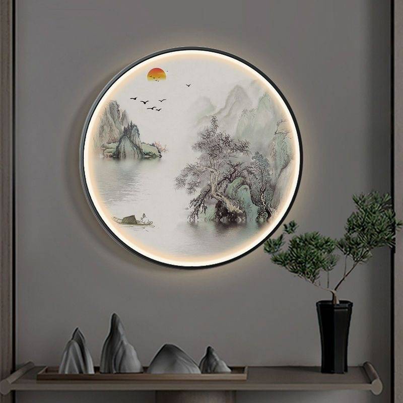 新中式入户玄关装饰画办公室书房圆形带灯壁画茶室走廊山水挂画图片