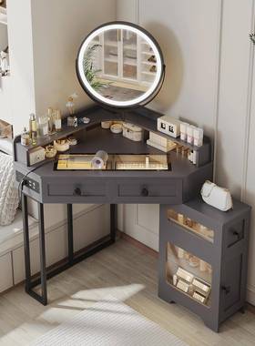 奶油风梳妆台卧室现代简纳小户型化妆桌床头收73270斗书桌约柜镜
