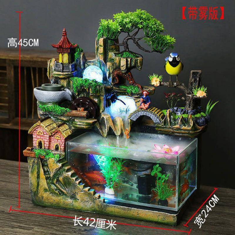 轮客厅水家用假鱼缸水族箱亚BKF流克风力鱼缸器喷泉山水摆件流水