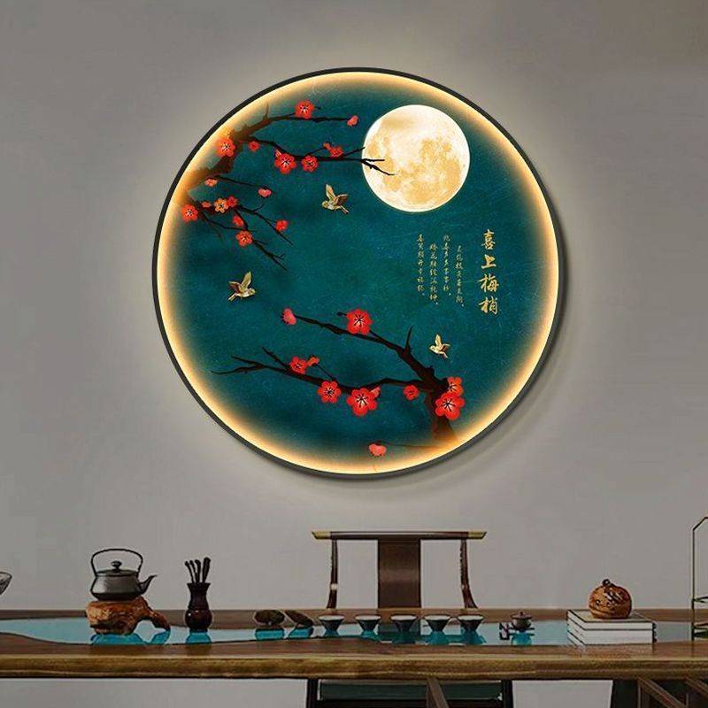 喜上眉梢LED灯画新中式圆形玄关装饰画国风花鸟客厅走廊过道挂画图片