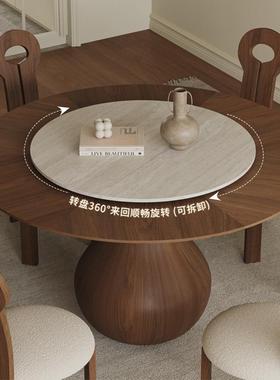 中风实桌木洞石岩板圆餐椅组合家用小古UQV户型圆桌法式复古圆饭