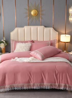 大红套色蕾丝花边四件套结婚韩版纯色公主磨被风毛套TJD三件床单