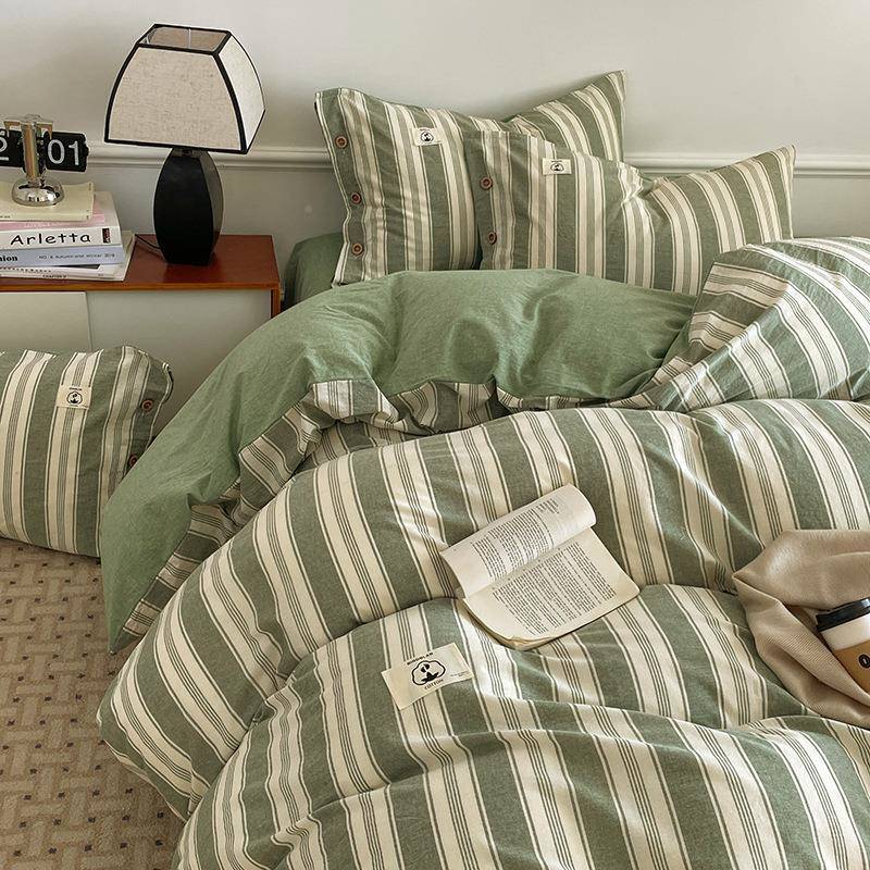 复古风全棉水四件条纹格子纯棉洗三棉床单RHD被套简约套宿舍件套
