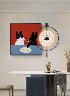 现代OBF约简餐厅装饰画红带挂钟卡通厅小狗色饭墙壁挂画可爱客厅
