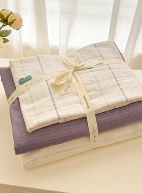 层小新双纱水洗棉四件套简约小清碎花睡床单三件套A类亲AJO肤裸被
