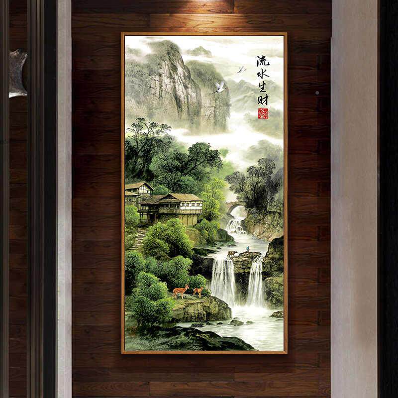 中式客厅财进门过道墙面山水画玄关装饰AVY竖版画挂画流水景的生