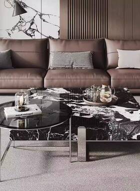 意正极简黑ENQ师白岩板方形茶几客厅家用大小式户型设计款组合