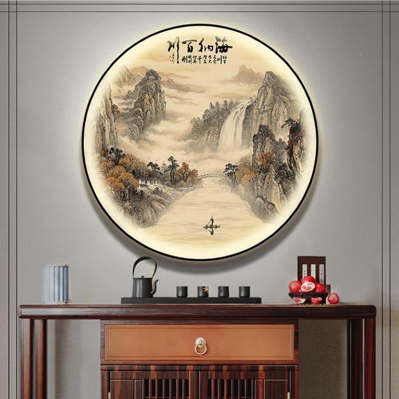 新式入中户玄BHE关装饰画办意公室圆形山水茶室书画房水墨画境壁
