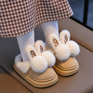 加厚加绒保暖防滑室内外适用中大童棉拖鞋 新款 可爱女童冬季