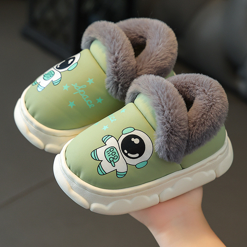 儿童棉拖鞋男女宝宝防水PU皮秋冬季室内防滑包跟保暖加绒