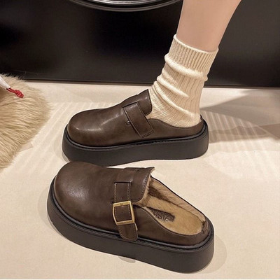 女皮面勃肯拖鞋厚底秋冬增高加绒一脚蹬懒人包头松糕底新款