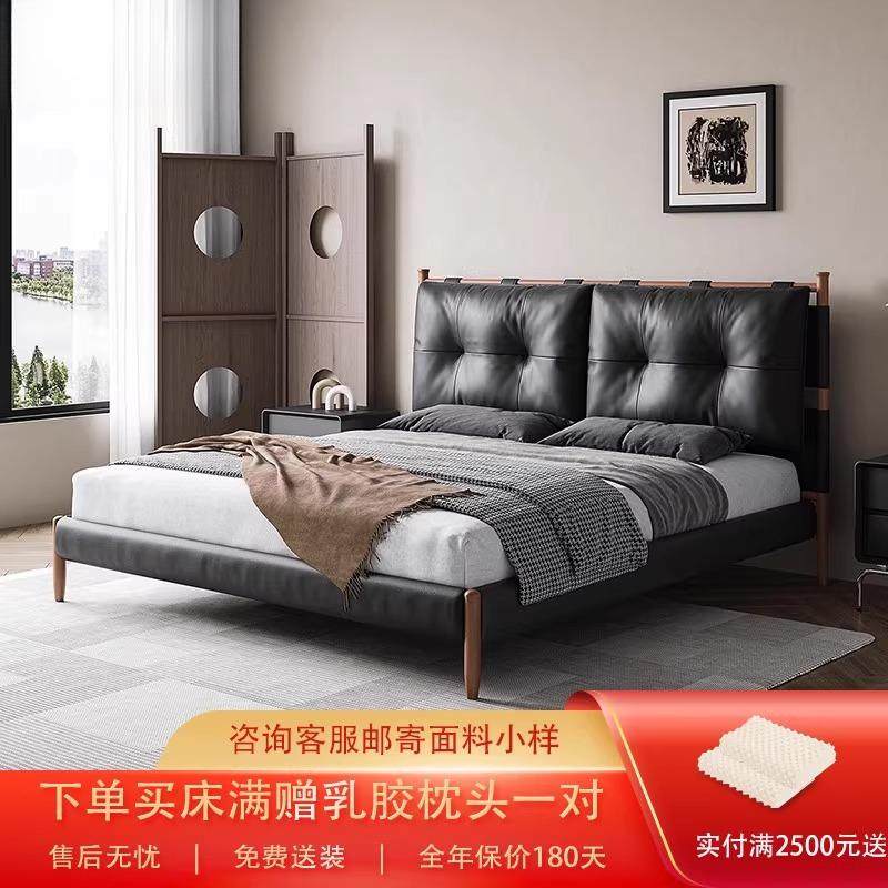 实木软包床2025新款美式床主卧高端大气真皮床极简黑色双人琥珀床