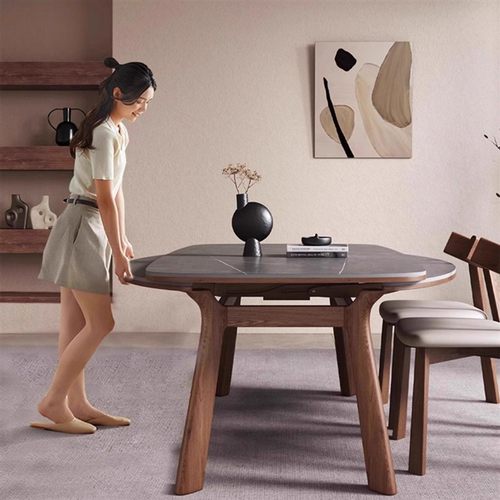 白蜡木岩板餐桌椅组合家用小户型饭桌现代简约北欧实木可伸缩圆桌