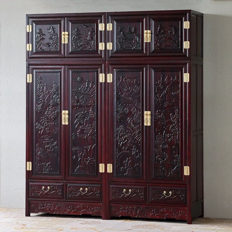 衣柜家用卧室中式仿古雕花大衣柜收纳橱柜晾衣架顶箱柜金花梨木