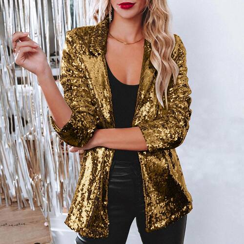 Flip collar long sleeved sequined suit jacke长袖亮片西装外套