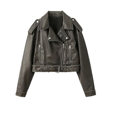 翻领长袖拉链夹克Collar long sleeved imitation leather jacket