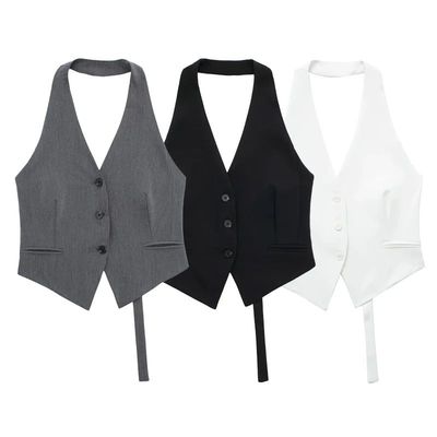 V-neck hanging neck buckle sleeveless topV领挂脖系扣无袖上衣