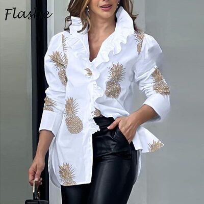 Bubble sleeve ruffled long sleeved shirt泡泡袖荷叶边长袖衬衣