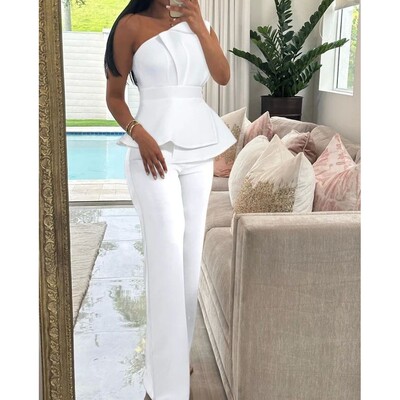 slanted shoulder top straight leg pant斜肩上衣直筒裤两件套女