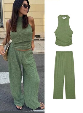 Hanging neck top wide leg pant two-piece set上衣阔腿裤两件套