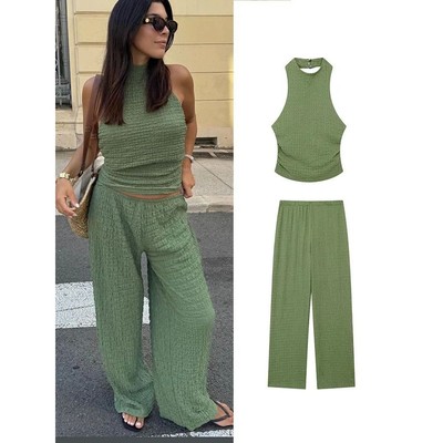 Hanging neck top wide leg pant two-piece set上衣阔腿裤两件套