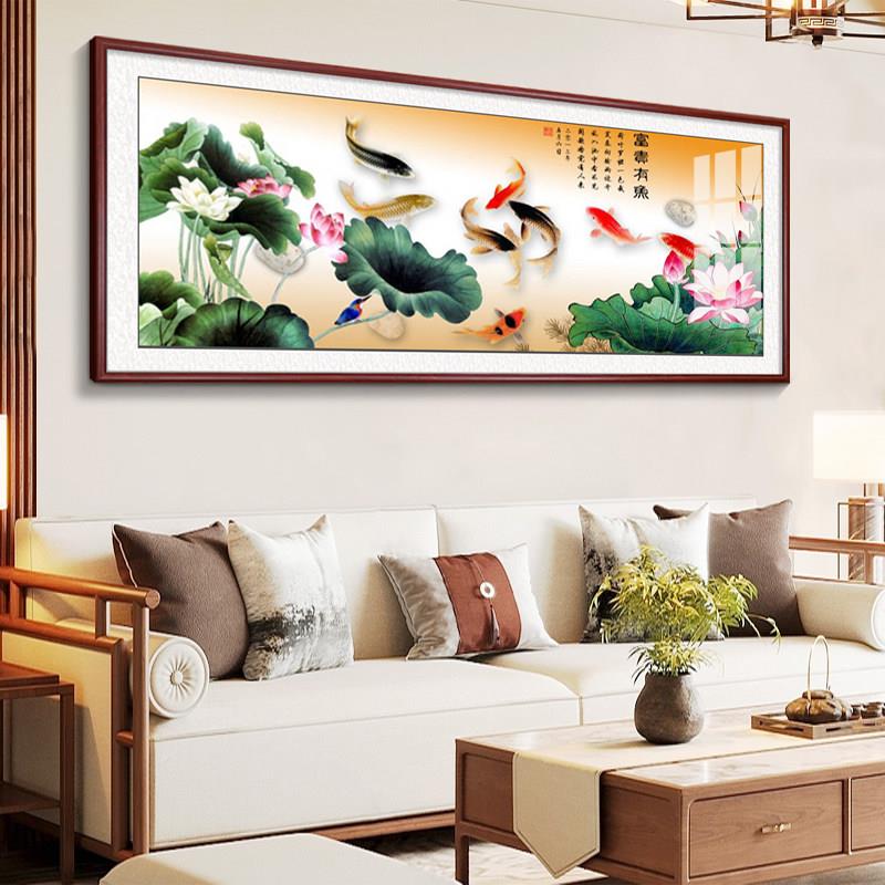 国画荷花鱼图画新客厅-挂墨中式餐厅装饰画饭厅餐桌景墙水背画客