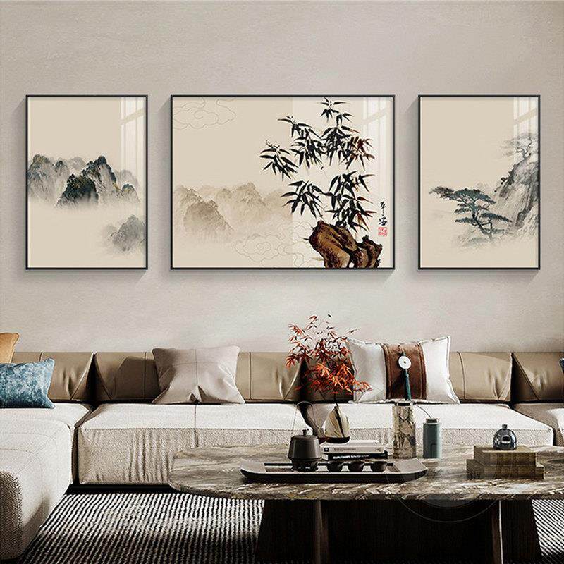 中国风DKD客公沙发背墙装饰景画山墨韵挂画迎松茶厅室公司办室壁