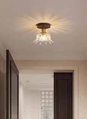 中古风玄关过灯胡木入走户玻桃璃吸顶灯实木VPE灯具法式道灯民宿