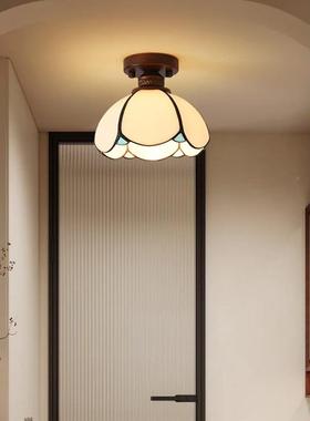 轻奢覆古道灯法中古式风胡桃走FWE木色廊灯玄关入户阳过台玻璃吸