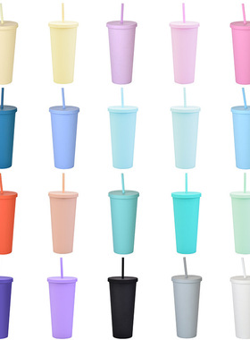 2025跨境热卖直供双层塑料吸管杯22OZ大容量户外磨砂随手水杯