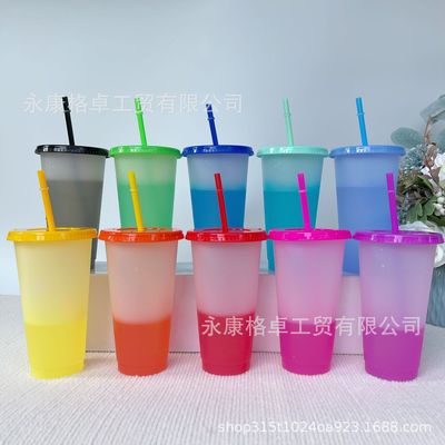 跨境pp感温塑料变色杯10色套装大容量710ml冷变色吸管杯循环使用