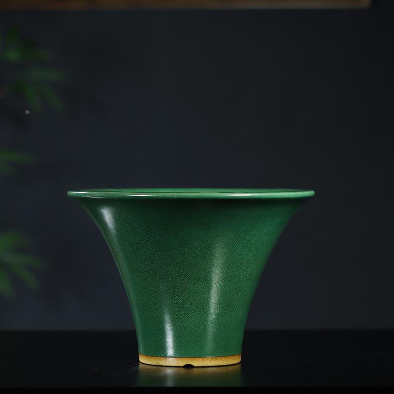 秦夕洪春兰紫砂花盆精品均釉高斗笠绿釉翠盖荷简约桌面阳台春季盆