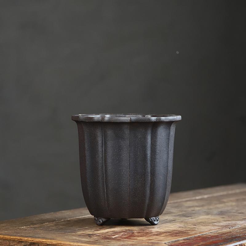 程良正精品紫砂花盆宜兴菱花筋纹器春兰建兰专用古铜泥古典阳台盆