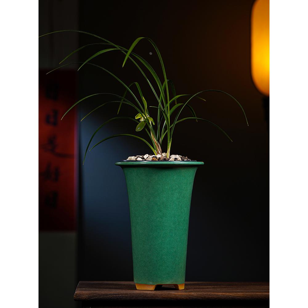 秦夕洪精品紫砂兰花盆茶沫绿釉细叶寒兰建兰花卉植物桌面简约客厅