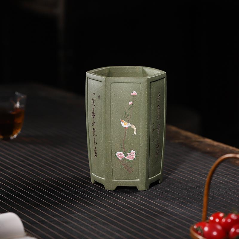 精品绿泥紫砂兰花盆手工六方凹面春兰翠盖荷绿云建兰中国风透气