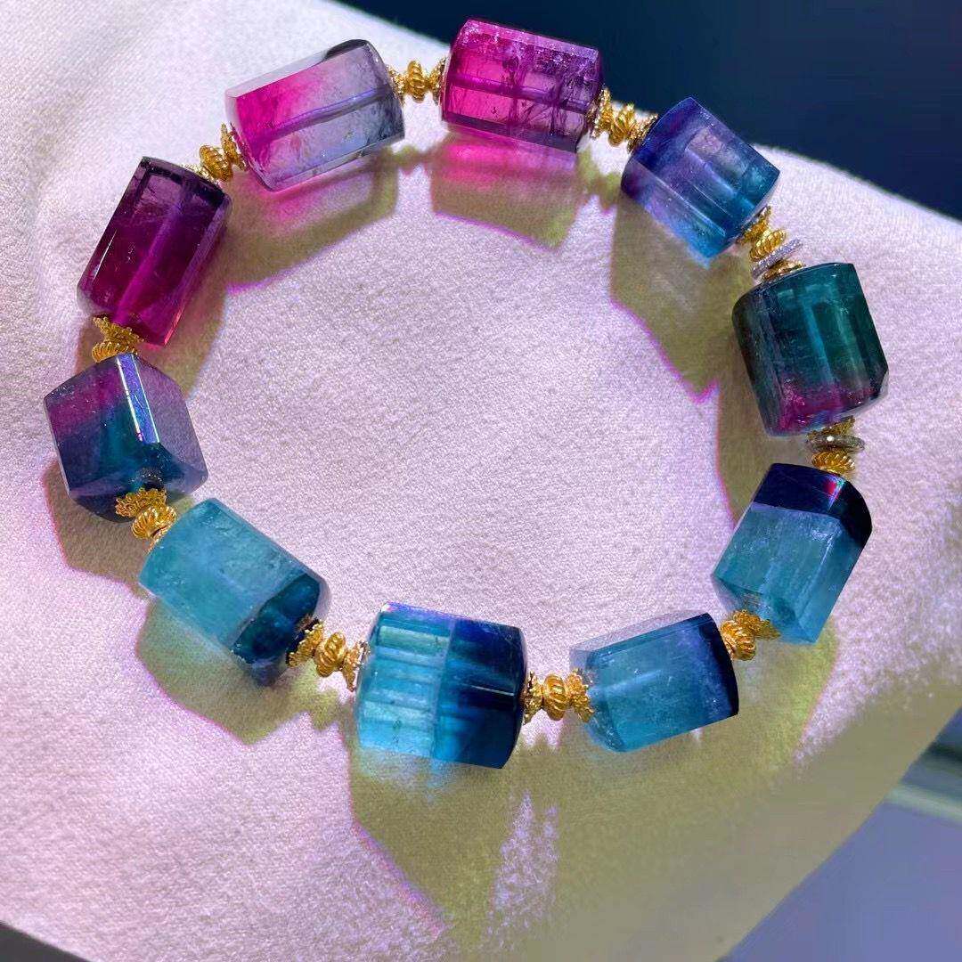 天然巴西原矿红蓝紫西瓜碧玺 方糖18金满钻设计款碧玺手链