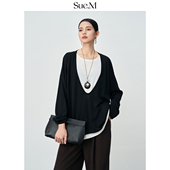 Sue.M 上衣女 女假两件叠穿长袖 2025新款 纯羊毛毛衣宽松v领针织衫