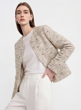 Sue.M 轻奢花纱呢收腰无领小香风26春短款鎏金水晶扣通勤外套女士